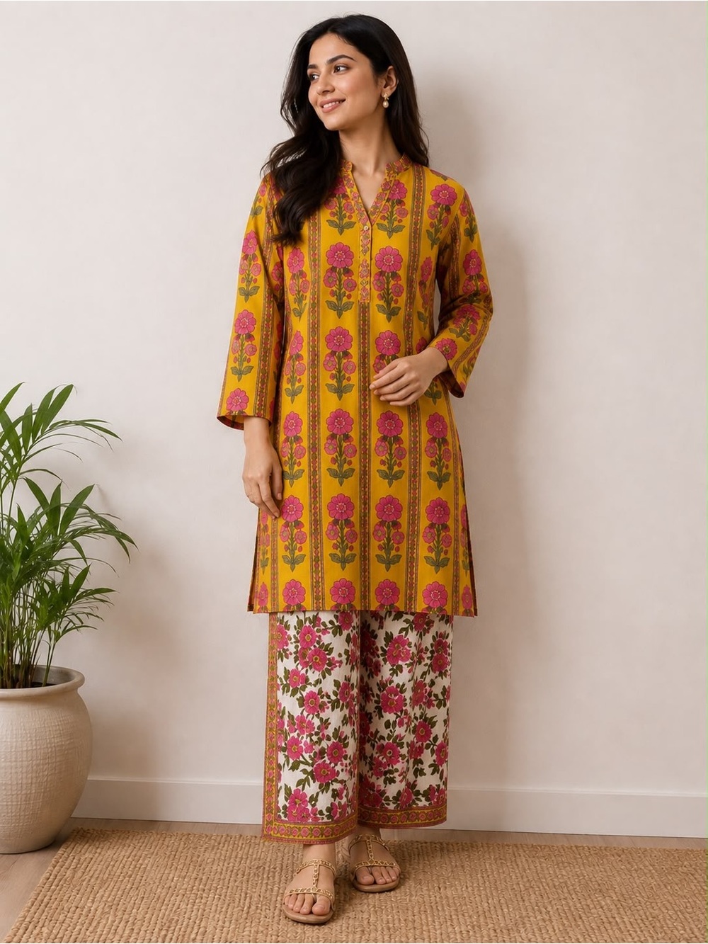 KHAADI FLORAL PRINT 2-pcs set Mustard Yellow & Pink Floral Kurta Set